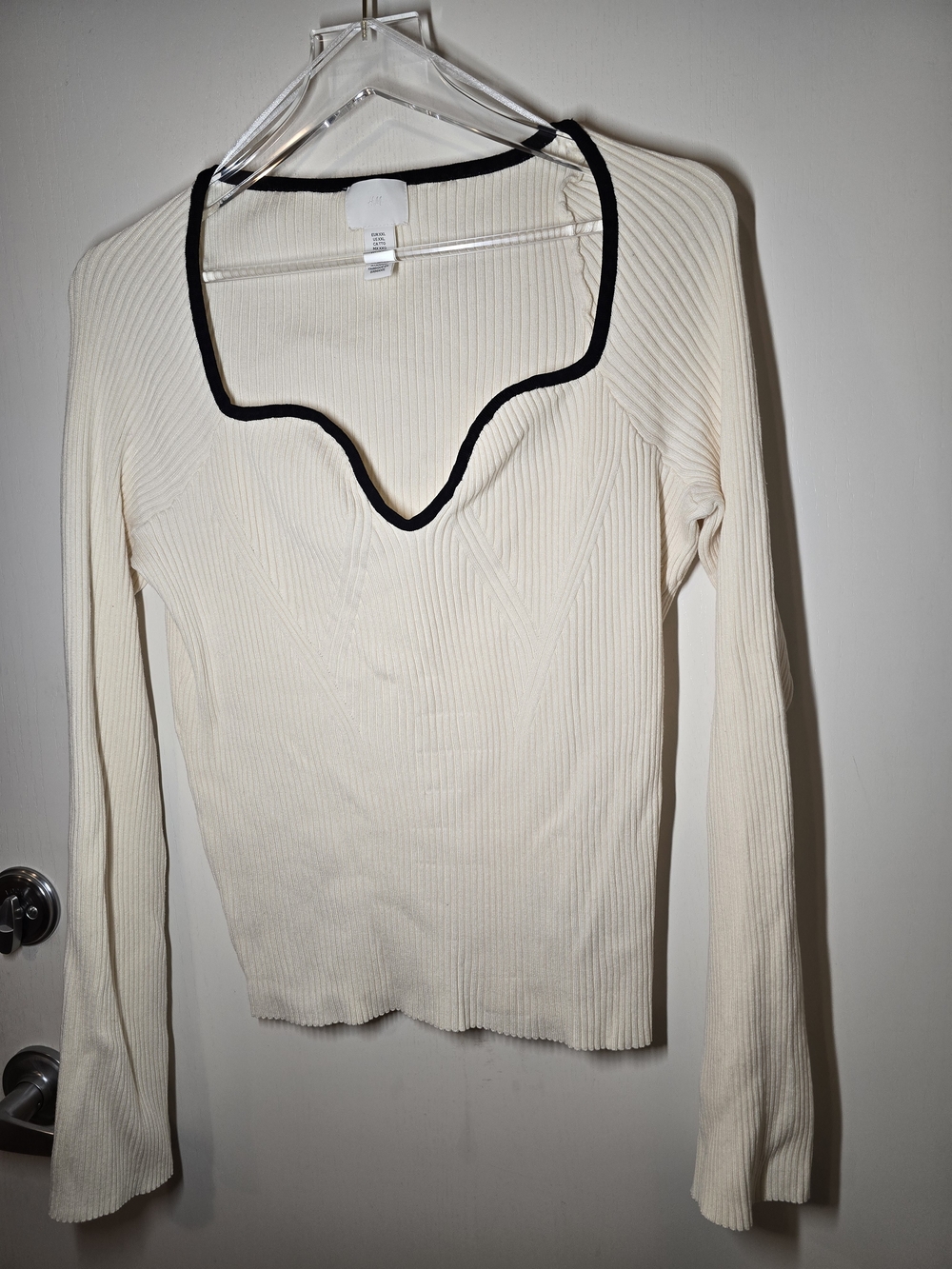 H&M Cream Ribbed Long-Sleeve Top with Black Trimmed Neckline